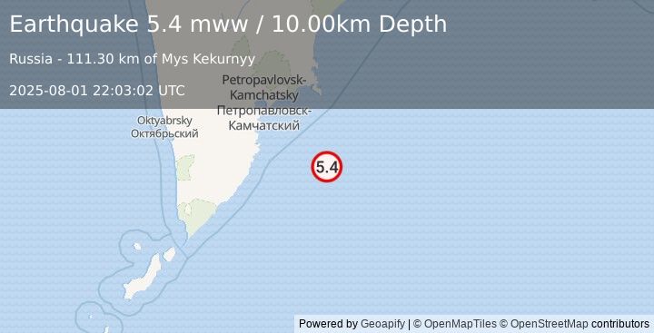 Earthquake 151 km SE of Petropavlovsk-Kamchatsky, Russia (5.4 mww) (2025-08-01 22:03:02 UTC)