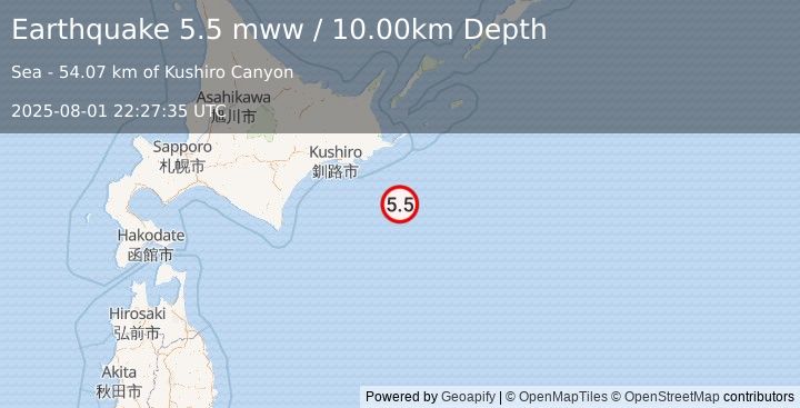 Earthquake 100 km SE of Akkeshi, Japan (5.5 mww) (2025-08-01 22:27:35 UTC)