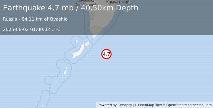 Earthquake 127 km ESE of Severo-Kuril’sk, Russia (4.7 mb) (2025-08-02 01:00:02 UTC)