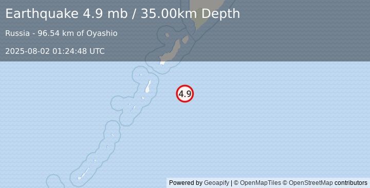 Earthquake 160 km S of Severo-Kuril’sk, Russia (4.9 mb) (2025-08-02 01:24:48 UTC)