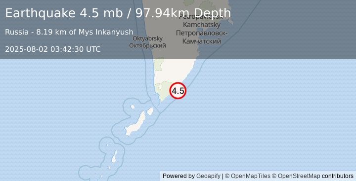Earthquake 78 km ESE of Ozernovskiy, Russia (4.5 mb) (2025-08-02 03:42:30 UTC)