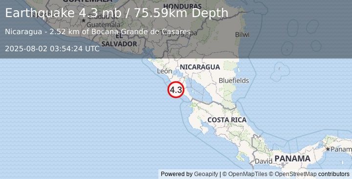 Earthquake 18 km S of El Rosario, Nicaragua (4.3 mb) (2025-08-02 03:54:24 UTC)