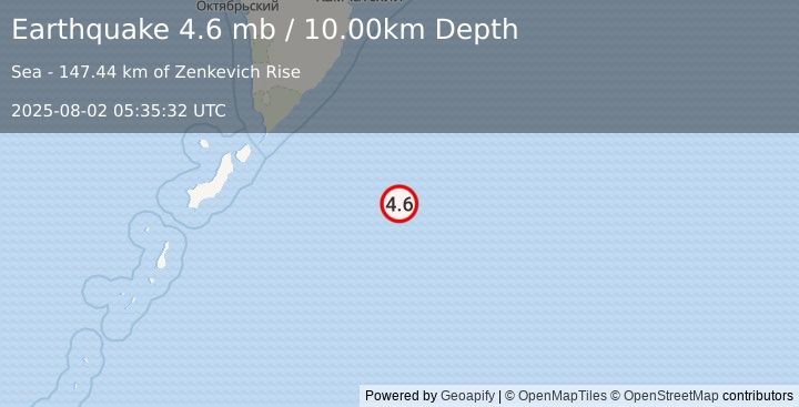 Earthquake 244 km ESE of Severo-Kuril’sk, Russia (4.6 mb) (2025-08-02 05:35:32 UTC)