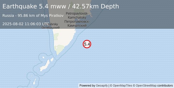 Earthquake 163 km SSE of Vilyuchinsk, Russia (5.4 mww) (2025-08-02 11:06:03 UTC)