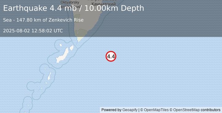 Earthquake 219 km E of Severo-Kuril’sk, Russia (4.4 mb) (2025-08-02 12:58:02 UTC)