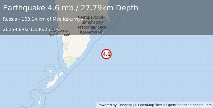 Earthquake 166 km SSE of Vilyuchinsk, Russia (4.6 mb) (2025-08-02 13:36:25 UTC)