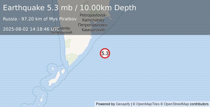 Earthquake 168 km SSE of Vilyuchinsk, Russia (5.3 mb) (2025-08-02 14:18:46 UTC)