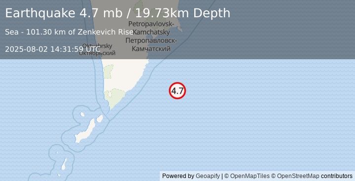 Earthquake 183 km SSE of Vilyuchinsk, Russia (4.7 mb) (2025-08-02 14:31:59 UTC)