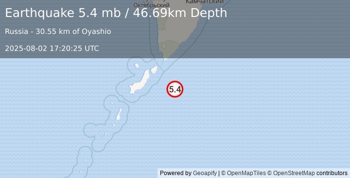 Earthquake 99 km ESE of Severo-Kuril’sk, Russia (5.4 mb) (2025-08-02 17:20:25 UTC)