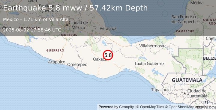 Earthquake 1 km ENE of San Ildefonso Villa Alta, Mexico (5.8 mww) (2025-08-02 17:58:46 UTC)