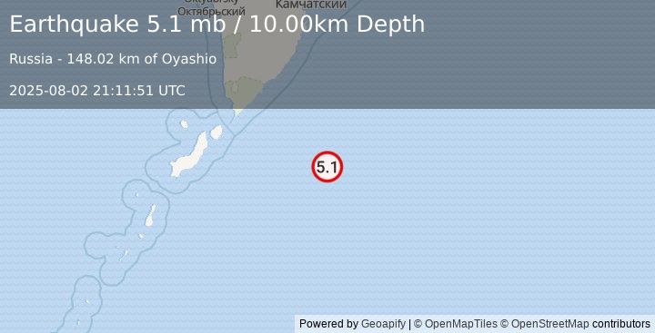 Earthquake 213 km ESE of Severo-Kuril’sk, Russia (5.1 mb) (2025-08-02 21:11:51 UTC)