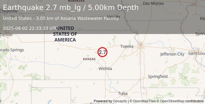 Earthquake 4 km ENE of Assaria, Kansas (2.7 mb_lg) (2025-08-02 22:33:33 UTC)