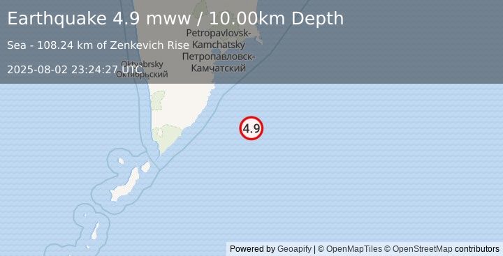 Earthquake 179 km SSE of Vilyuchinsk, Russia (4.9 mww) (2025-08-02 23:24:27 UTC)