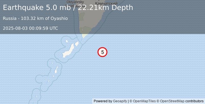 Earthquake 162 km ESE of Severo-Kuril’sk, Russia (5.0 mb) (2025-08-03 00:09:59 UTC)