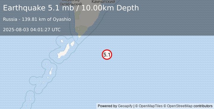 Earthquake 204 km ESE of Severo-Kuril’sk, Russia (5.1 mb) (2025-08-03 04:01:27 UTC)