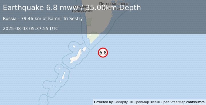 Earthquake 118 km E of Severo-Kuril’sk, Russia (6.8 mww) (2025-08-03 05:37:55 UTC)