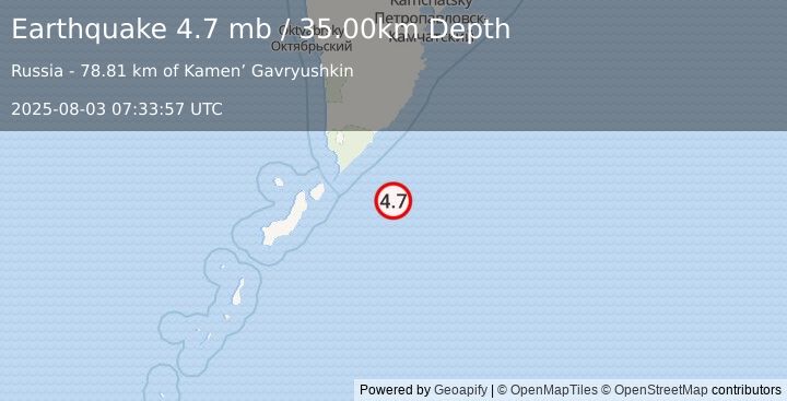 Earthquake 124 km E of Severo-Kuril’sk, Russia (4.7 mb) (2025-08-03 07:33:57 UTC)