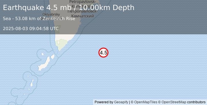 Earthquake 254 km SSE of Vilyuchinsk, Russia (4.5 mb) (2025-08-03 09:04:58 UTC)