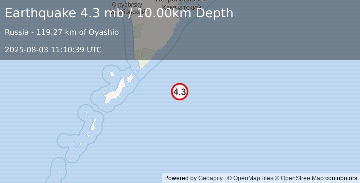 Earthquake 175 km ESE of Severo-Kuril’sk, Russia (4.3 mb) (2025-08-03 11:10:39 UTC)