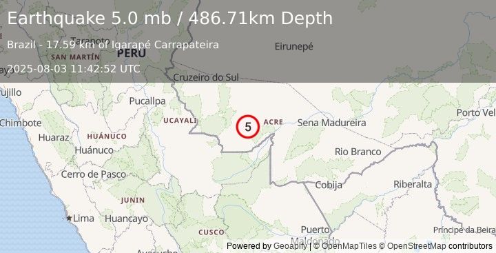 Earthquake 130 km SSW of Tarauacá, Brazil (5.0 mb) (2025-08-03 11:42:52 UTC)