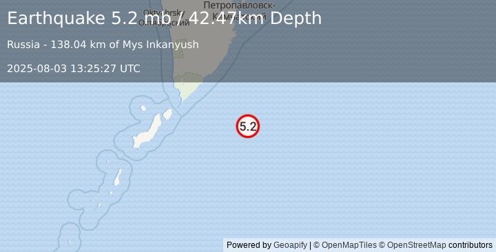 Earthquake 198 km E of Severo-Kuril’sk, Russia (5.2 mb) (2025-08-03 13:25:27 UTC)