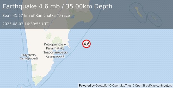 Earthquake 196 km E of Petropavlovsk-Kamchatsky, Russia (4.6 mb) (2025-08-03 16:39:55 UTC)