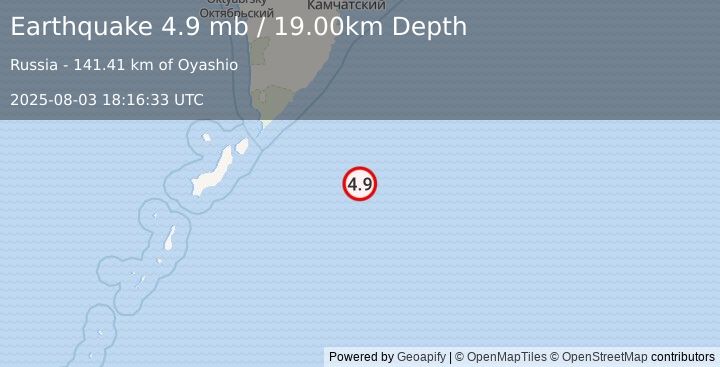Earthquake 206 km ESE of Severo-Kuril’sk, Russia (4.9 mb) (2025-08-03 18:16:33 UTC)