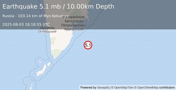 Earthquake 160 km SE of Vilyuchinsk, Russia (5.1 mb) (2025-08-03 18:18:55 UTC)