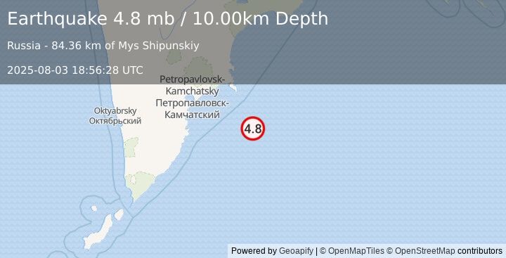 Earthquake 149 km ESE of Petropavlovsk-Kamchatsky, Russia (4.8 mb) (2025-08-03 18:56:28 UTC)
