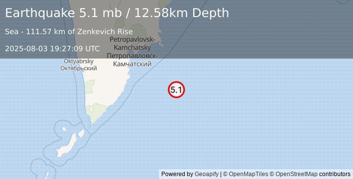Earthquake 182 km SE of Petropavlovsk-Kamchatsky, Russia (5.1 mb) (2025-08-03 19:27:09 UTC)