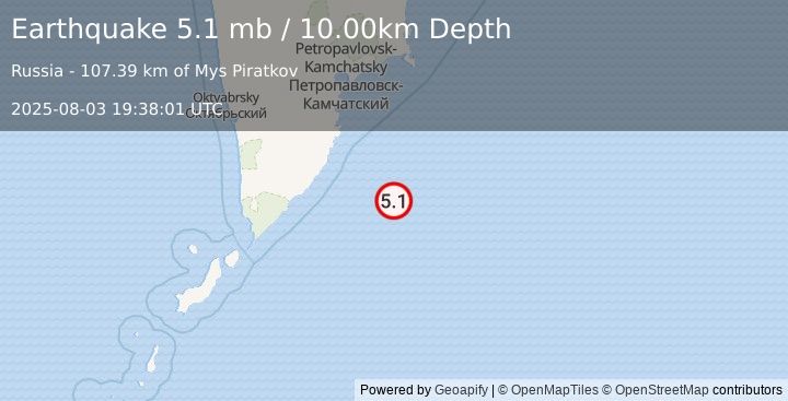Earthquake 181 km SSE of Vilyuchinsk, Russia (5.1 mb) (2025-08-03 19:38:01 UTC)