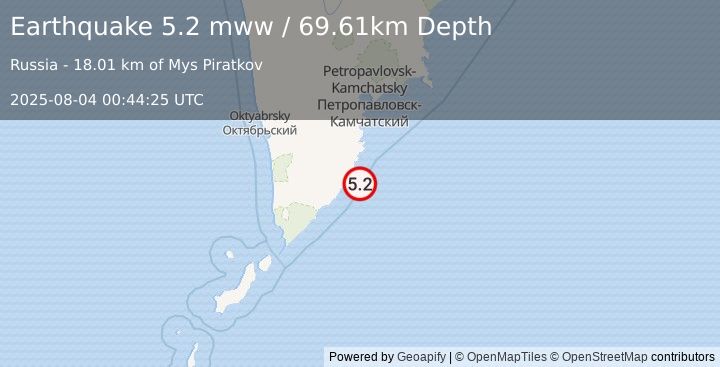 Earthquake 120 km S of Vilyuchinsk, Russia (5.2 mww) (2025-08-04 00:44:25 UTC)