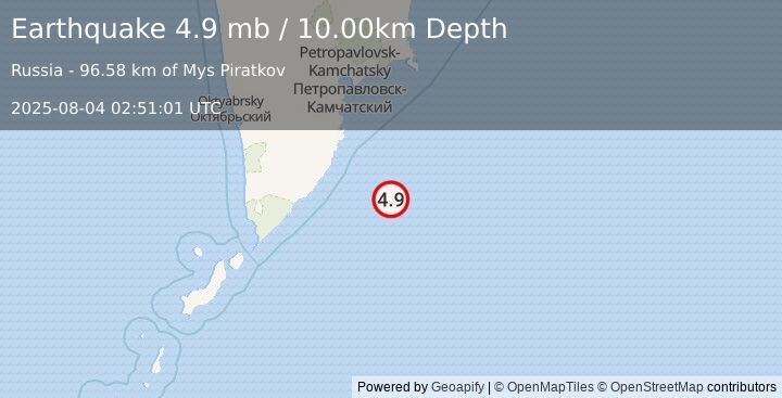 Earthquake 171 km SSE of Vilyuchinsk, Russia (4.9 mb) (2025-08-04 02:51:01 UTC)