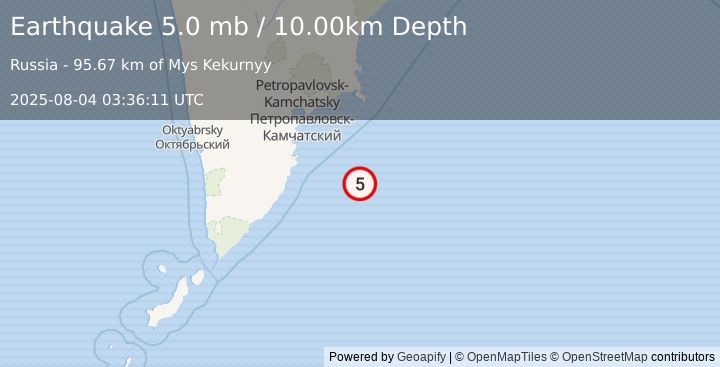 Earthquake 143 km SE of Vilyuchinsk, Russia (5.0 mb) (2025-08-04 03:36:11 UTC)