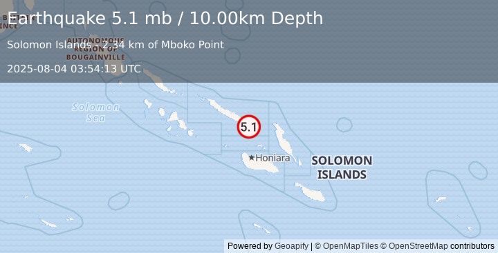 Earthquake 46 km SE of Buala, Solomon Islands (5.1 mb) (2025-08-04 03:54:13 UTC)