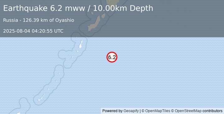 Earthquake 210 km SSE of Severo-Kuril’sk, Russia (6.2 mww) (2025-08-04 04:20:55 UTC)