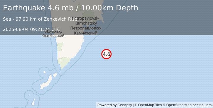 Earthquake 181 km SE of Vilyuchinsk, Russia (4.6 mb) (2025-08-04 09:21:24 UTC)