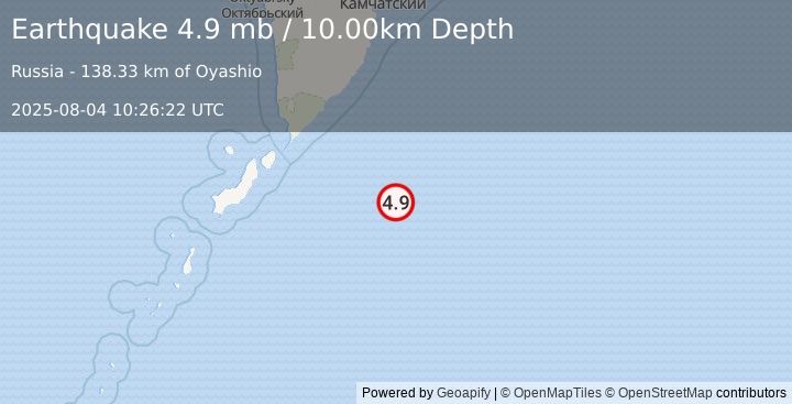 Earthquake 204 km ESE of Severo-Kuril’sk, Russia (4.9 mb) (2025-08-04 10:26:22 UTC)