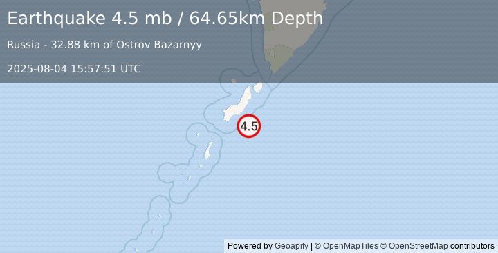 Earthquake 81 km S of Severo-Kuril’sk, Russia (4.5 mb) (2025-08-04 15:57:51 UTC)