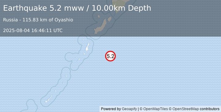 Earthquake 184 km S of Severo-Kuril’sk, Russia (5.2 mww) (2025-08-04 16:46:11 UTC)