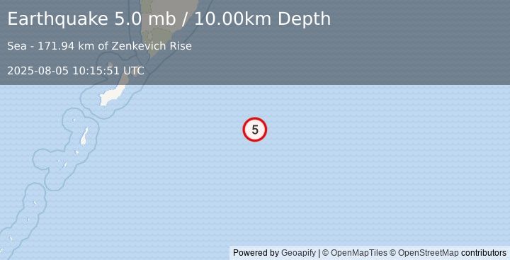 Earthquake east of the Kuril Islands (5.0 mb) (2025-08-05 10:15:51 UTC)