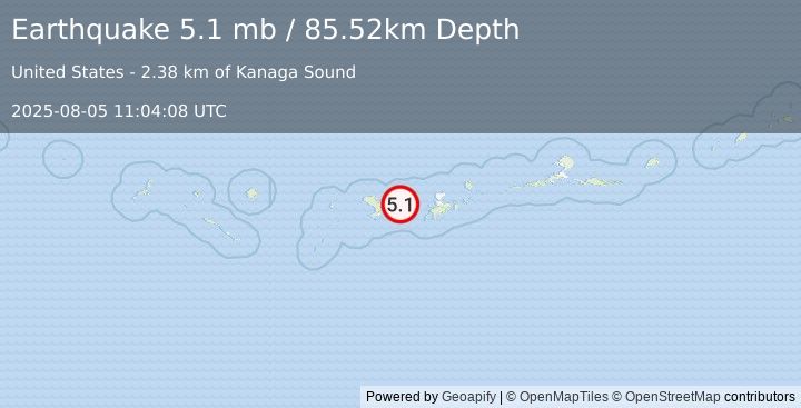 Earthquake 54 km W of Adak, Alaska (5.1 mb) (2025-08-05 11:04:08 UTC)