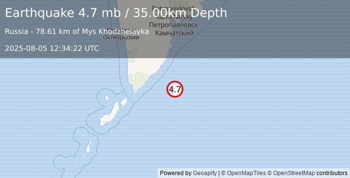 Earthquake 157 km ESE of Ozernovskiy, Russia (4.7 mb) (2025-08-05 12:34:22 UTC)