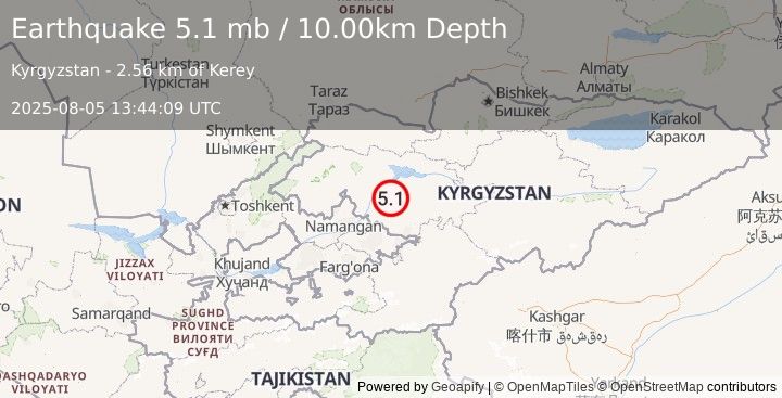 Earthquake 35 km ENE of Tash-Kumyr, Kyrgyzstan (5.1 mb) (2025-08-05 13:44:09 UTC)