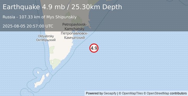 Earthquake 152 km SE of Petropavlovsk-Kamchatsky, Russia (4.9 mb) (2025-08-05 20:57:00 UTC)