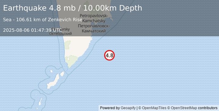 Earthquake 177 km SSE of Vilyuchinsk, Russia (4.8 mb) (2025-08-06 01:47:39 UTC)