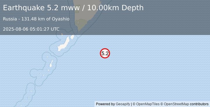 Earthquake 209 km ESE of Severo-Kuril’sk, Russia (5.2 mww) (2025-08-06 05:01:27 UTC)