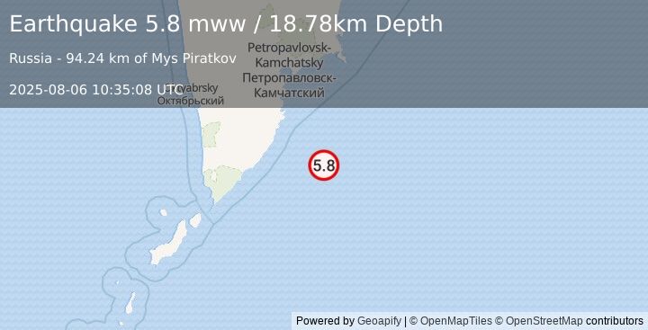 Earthquake 166 km SSE of Vilyuchinsk, Russia (5.8 mww) (2025-08-06 10:35:08 UTC)
