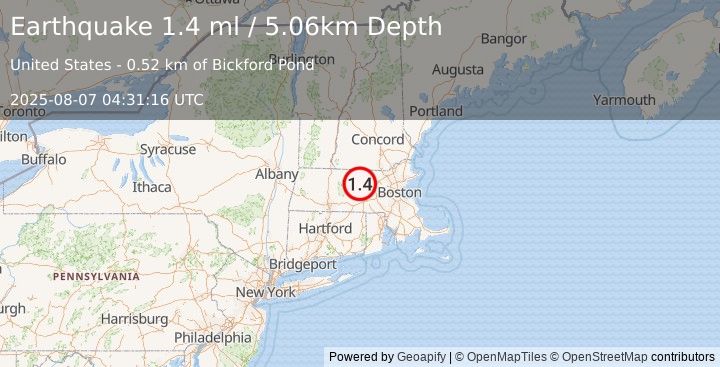 Earthquake 6 km SSW of Westminster, Massachusetts (1.4 ml) (2025-08-07 04:31:16 UTC)