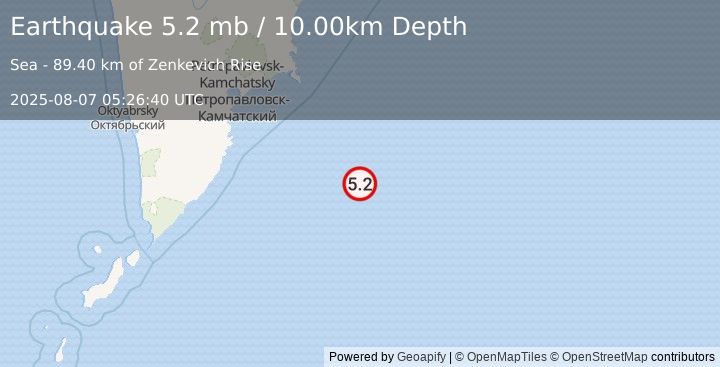 Earthquake 233 km SE of Petropavlovsk-Kamchatsky, Russia (5.2 mb) (2025-08-07 05:26:40 UTC)